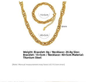 Detail of gold titanium steel jewelry set showing necklace and bracelet dimensions