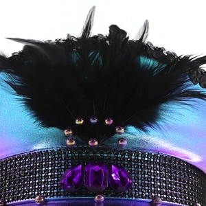 Close-up of festival captain hat with purple sequins, black feathers and large faux gems