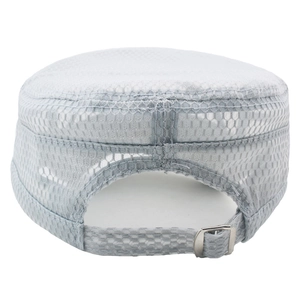 Detail of breathable grey mesh army cap featuring adjustable metal buckle and flat top