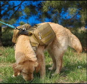 Side view of a tactical khaki dog backpack featuring side pockets and Molle system
