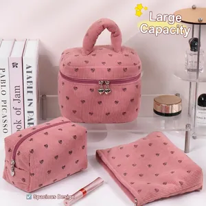 Pink corduroy heart print makeup bag set with large capacity and stylish design