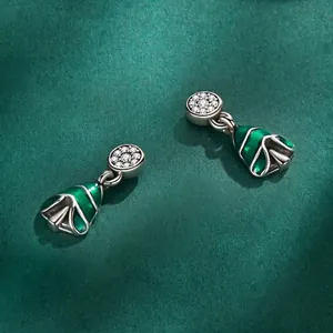 S925 sterling silver Christmas tree stud earrings with green enamel and white zircon stones