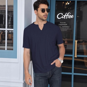Men's navy blue short sleeve T-shirt with textured jacquard fabric and small V-neckline