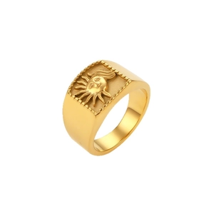 18K gold plated stainless steel signet ring featuring an embossed sun face square design