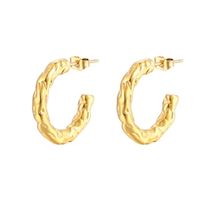 Retro C-shaped earrings in gold titanium steel featuring a textured lava surface design
