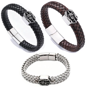Bracelet Homme Acier Inoxydable 316L Cuir Tressé Biker Punk Gothique Vintage Archange Épée Croix Aile Fermoir Magnétique