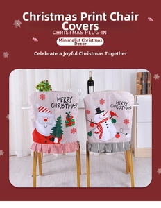 Detail of Christmas burlap chair covers with Santa Claus and Snowman prints for dining decor