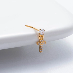 Gold L-shaped nose stud with sparkling zircon cross pendant and round crystal gemstone