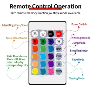 24-key infrared remote control for RGB LED strip lights showing functional button layout