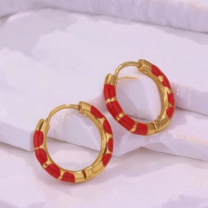Classic gold stainless steel hoop earrings with red enamel drip design on white stone