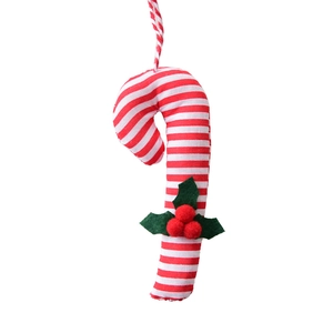 Christmas candy cane hanging ornament with red white stripes and holly berry accents