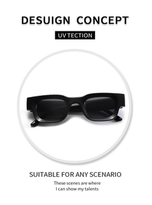 Detailaufnahme der dicken schwarzen rechteckigen Sonnenbrille mit dunklen UV-Schutzgläsern