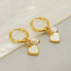 Heart Pendant Hoop Earrings 18K Gold Plated Stainless Steel Natural Artificial Pearl Mother Of Artificial Pearl Jewelry