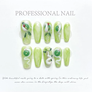 Handmade Press On Nails Coffin Shape Faux Jade Green Marble Design Dimensional White Snake Detail New Chinese Retro Style Women