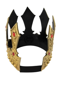 Detail view of vintage gold crown with red gems and adjustable elastic strap at the back