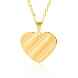 Detailed view of 18k gold plated heart pendant with diagonal striped texture and O-chain