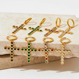 Stainless Steel Cross Hoop Earrings Gold Plated Colorful Zircon Inlaid Geometric Dangle Ear Jewelry For Women Trendy