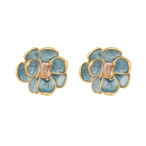 Vintage gold plated floral stud earrings with blue enamel petals and champagne zircon