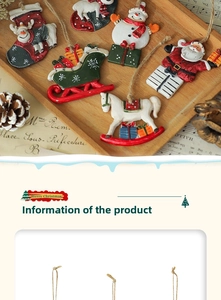Detail of assorted resin Christmas ornaments with vintage ropes in a wooden tray