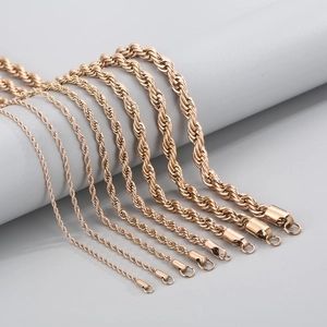 Close-up showing different thicknesses of rose gold rope chains for necklaces