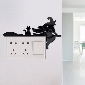 Black acrylic witch and cat 3D mirror switch sticker for Halloween home wall decoration