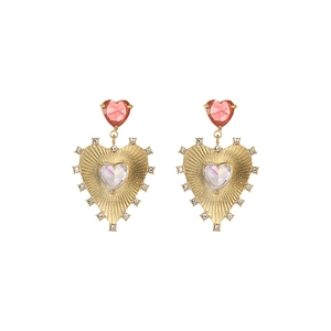 Gold stainless steel heart drop earrings with pink zircon and radiant texture details