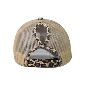 Close-up of ponytail hole with elastic criss-cross bands on leopard mesh baseball cap