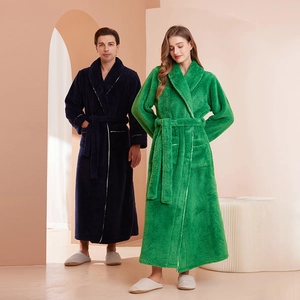 Thick plush flannel bathrobes in navy and green with shawl collar for couples