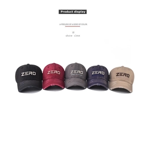 Close-up of five color options for cotton baseball caps with Zero embroidery