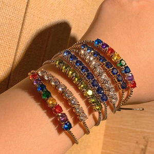 Stainless Steel Slider Bracelet With Colorful Cubic Zirconia Stones Adjustable Box Chain Fashion Jewelry For Women