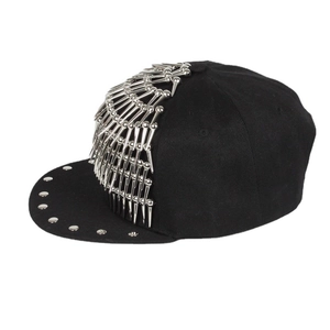 Black hip-hop snapback baseball cap with silver metal spikes and studs in a 45-degree view
