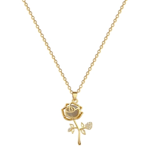 Elegant gold titanium steel necklace with cat eye stone rose flower and crystal pavé