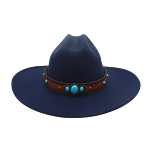 Detail of navy blue felt fedora featuring brown leather band with turquoise stone accents