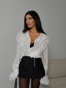 Chemisier Blanc En Dentelle Pour Femme Col En V Volants Manches Évasées Style Rétro Français En Polyester