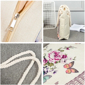 Versatile canvas tote bag with pink rose prints and thick rope handles shown in multi-view