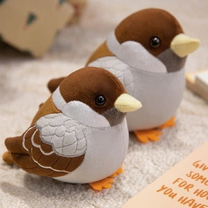 Cute brown sparrow plush toy set with two sizes on warm velvet background for kids gifts