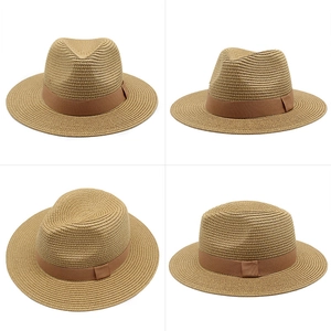 Cappello Panama estivo in paglia kaki con nastro marrone visto da quattro angoli