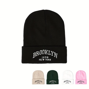Brooklyn 1898 New York Embroidery Knitted Beanie Warm Winter Acrylic Cuffed Hat Casual Streetwear For Men And Women