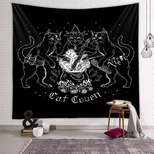 Detail of bohemian black Cat Coven tapestry with mystical moon and occult magic design