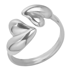 Detail of polished silver double heart open ring made of durable stainless steel