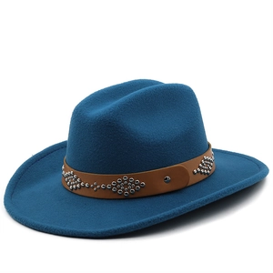 Classic dark blue wide brim wool felt jazz fedora with studded brown leather band