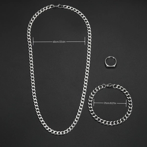 Polished stainless steel Cuban link necklace, bracelet set with ring showing size dimensions
