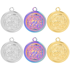 Vintage Stainless Steel Athena Owl Coin Pendant Necklace For Women Ancient Greek Medallion Iridescent Gold Silver Jewelry