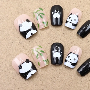 Cute panda theme press-on nails set with bamboo patterns and glossy black finish 10pcs