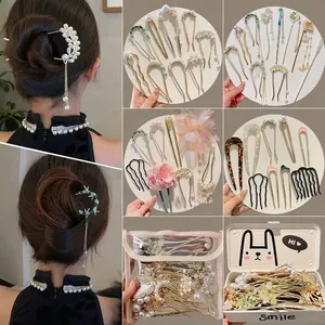 U-shaped hair pin set with pearls and floral tassels for elegant Chinese hair styling