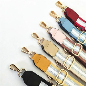Adjustable wide replacement shoulder strap with woven stripe pattern and gold metal hooks