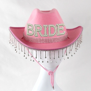 Rosa Western Braut Cowboyhut mit Strassfransen und Perlen BRIDE Schriftzug