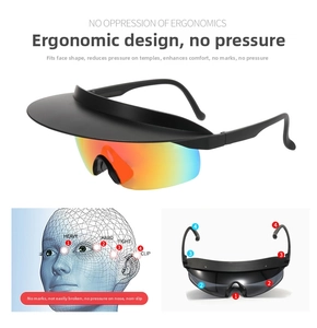 Detail of ergonomic sports sunglasses featuring colorful gradient lenses and 3D fit analysis