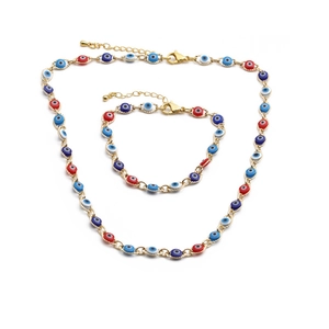 Parure de bijoux œil maléfique plaqué or avec colliers et bracelets en émail coloré