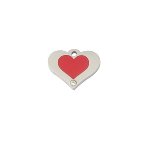 Polished heart-shaped steel pendant with red enamel inlay and crystal detail charm